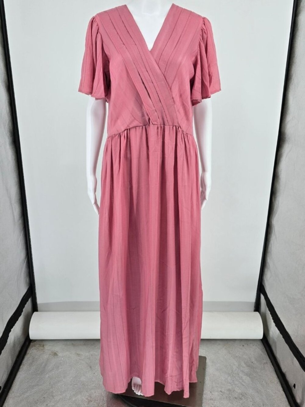 Vintage 1970s Dusty Pink Flutter Sleeve Surplice Wrap Maxi Dress (Size 12/L)